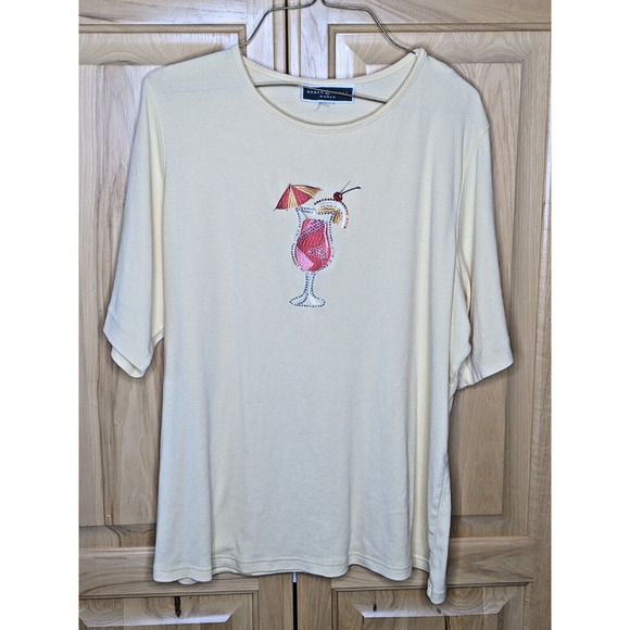 Karen Scott 2X Tee Shirt Yellow Cotton Short Sleeve Cruise Tropical Cocktail - Picture 1 of 4